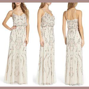 NEW $349 Adrianna Papell Floral Beaded Mesh Blouson Gown in Ivory [SZ‎ 4 ]